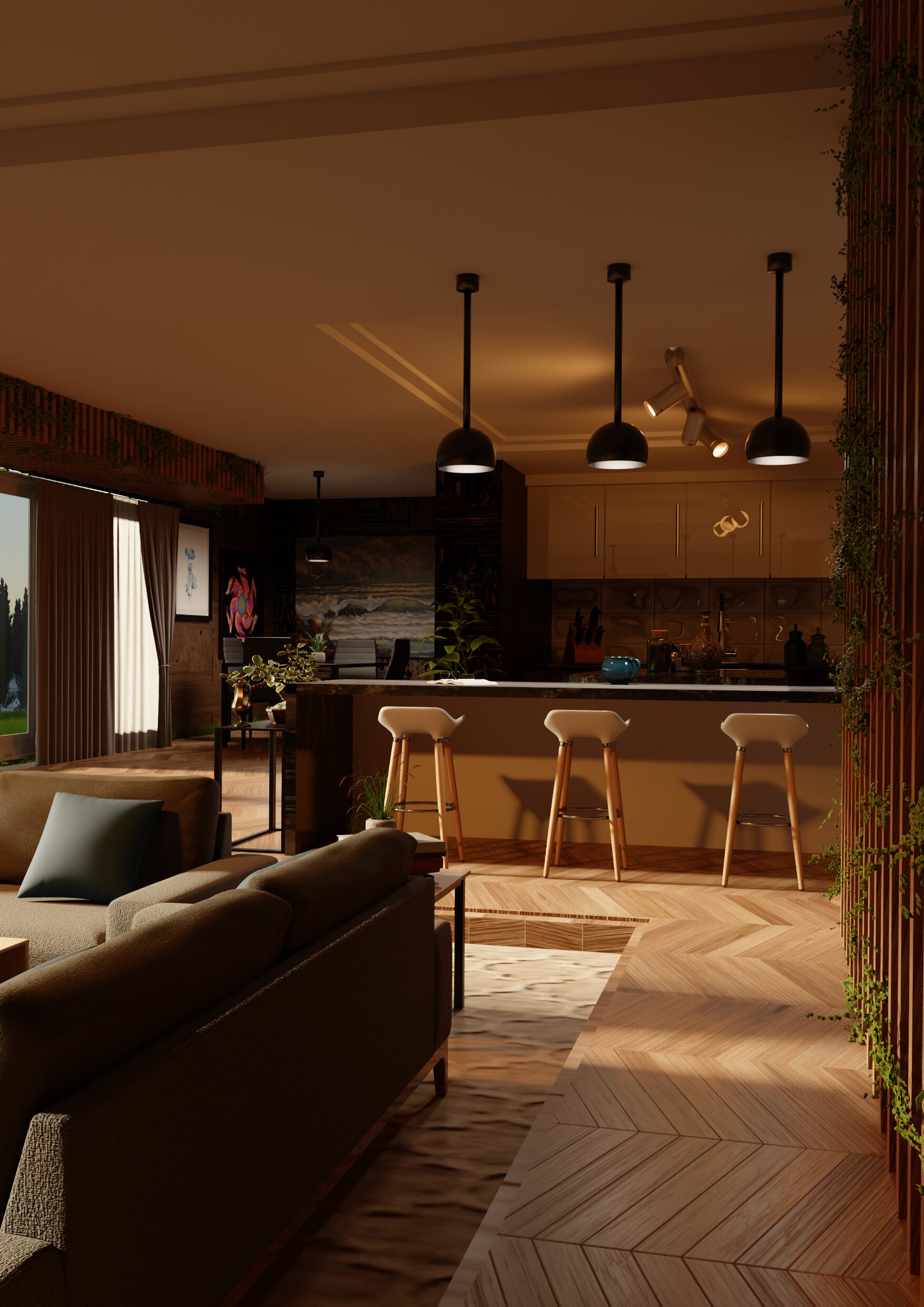 Render of a living room with an open kitchen. It's sunrise, with few lights on for the morning. It has some nature elements like plants on the side walls.