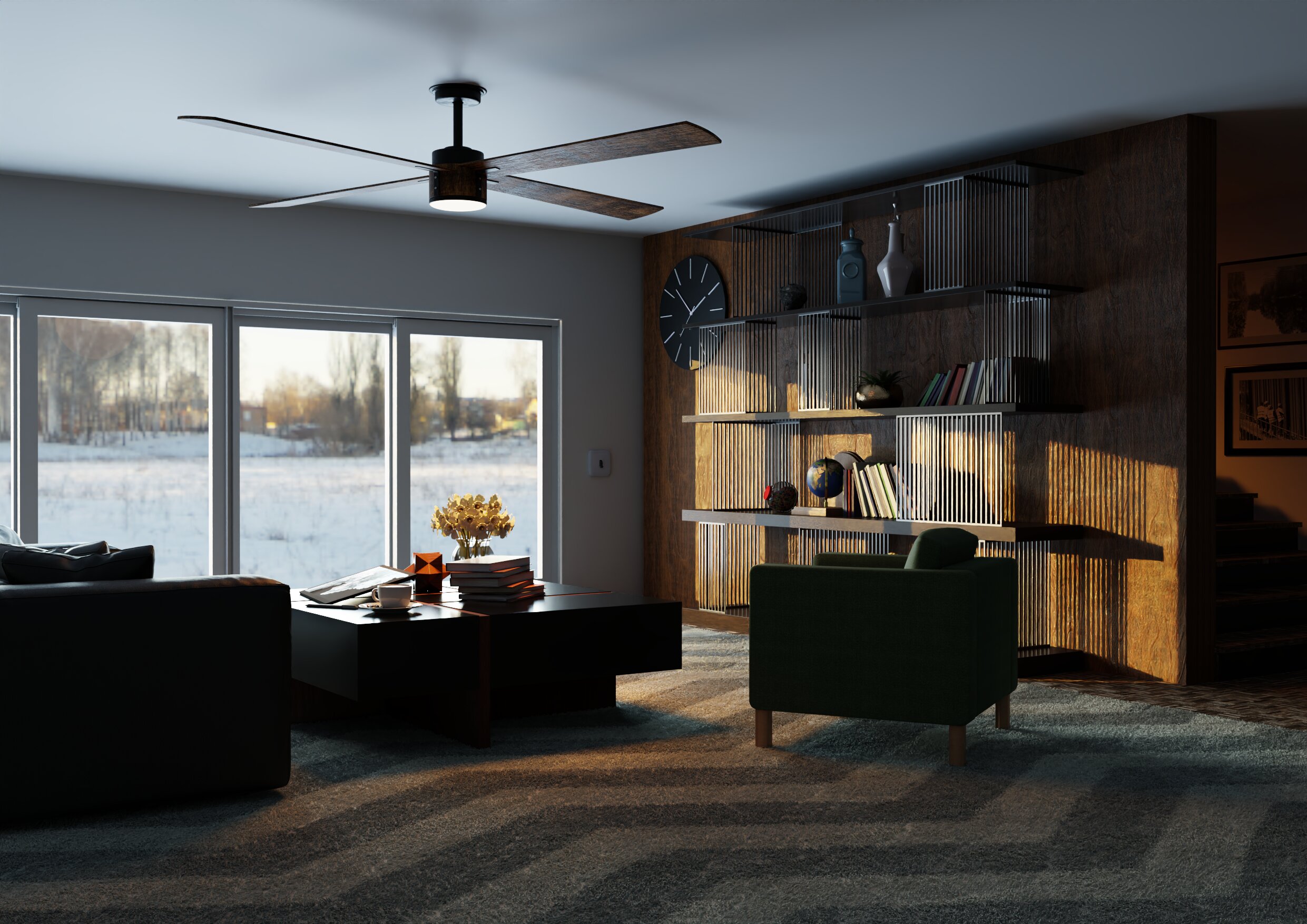 Render of a cozy living room in the winter at sunrise. The lights aren't on yet.