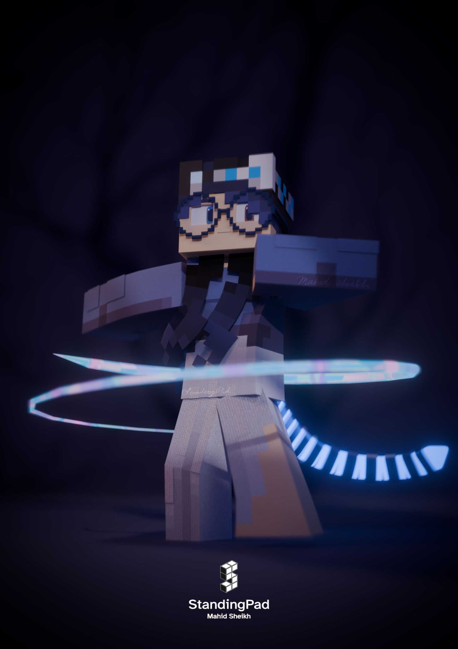 Render in a voxel style of a woman in a blue sweater and glasses in what appears to be a spinning motion.