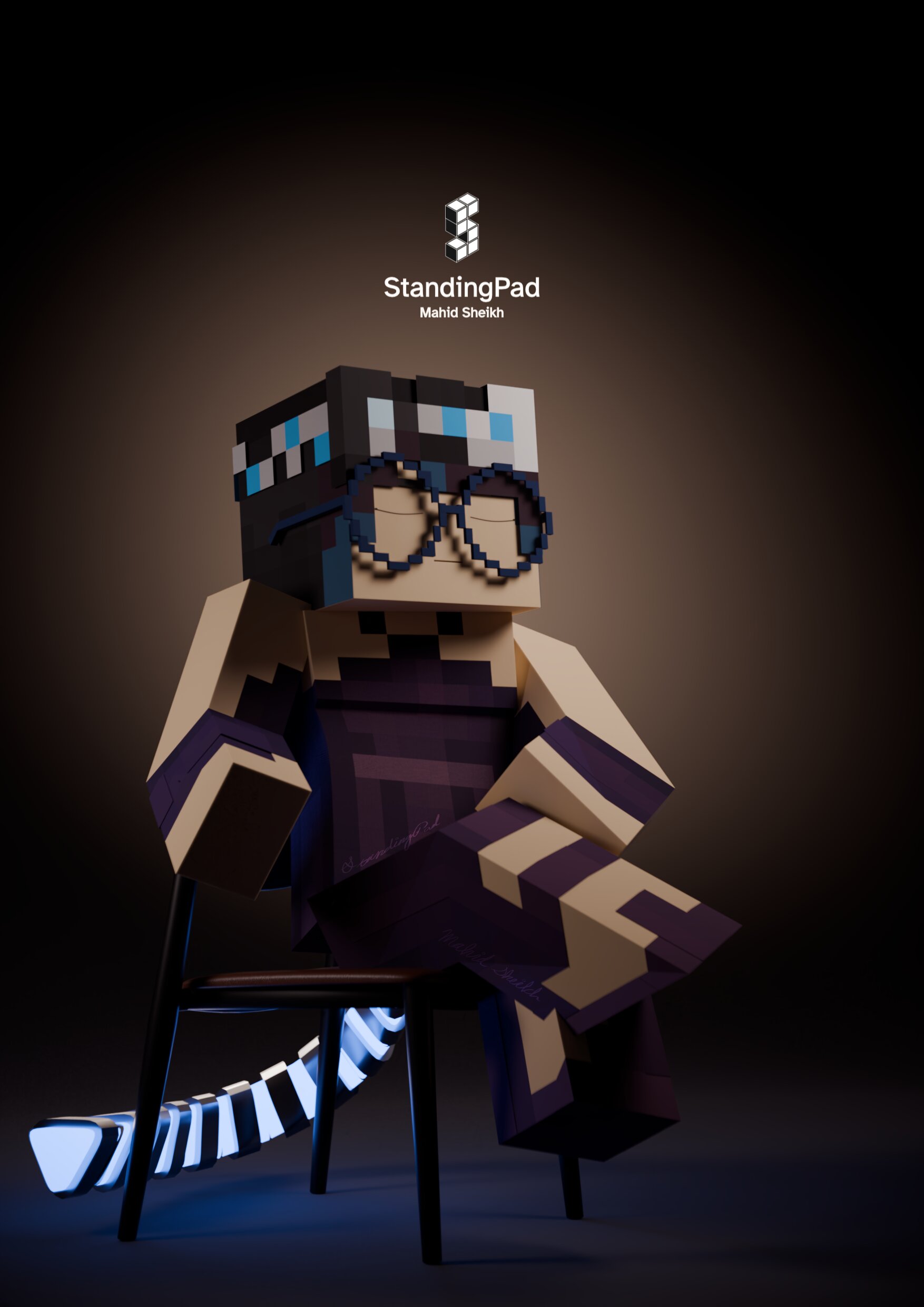 Render in a voxel style of a woman in a purple dress sitting on a chair with a serious tone. The background has a gradient falloff and she is partially lit.