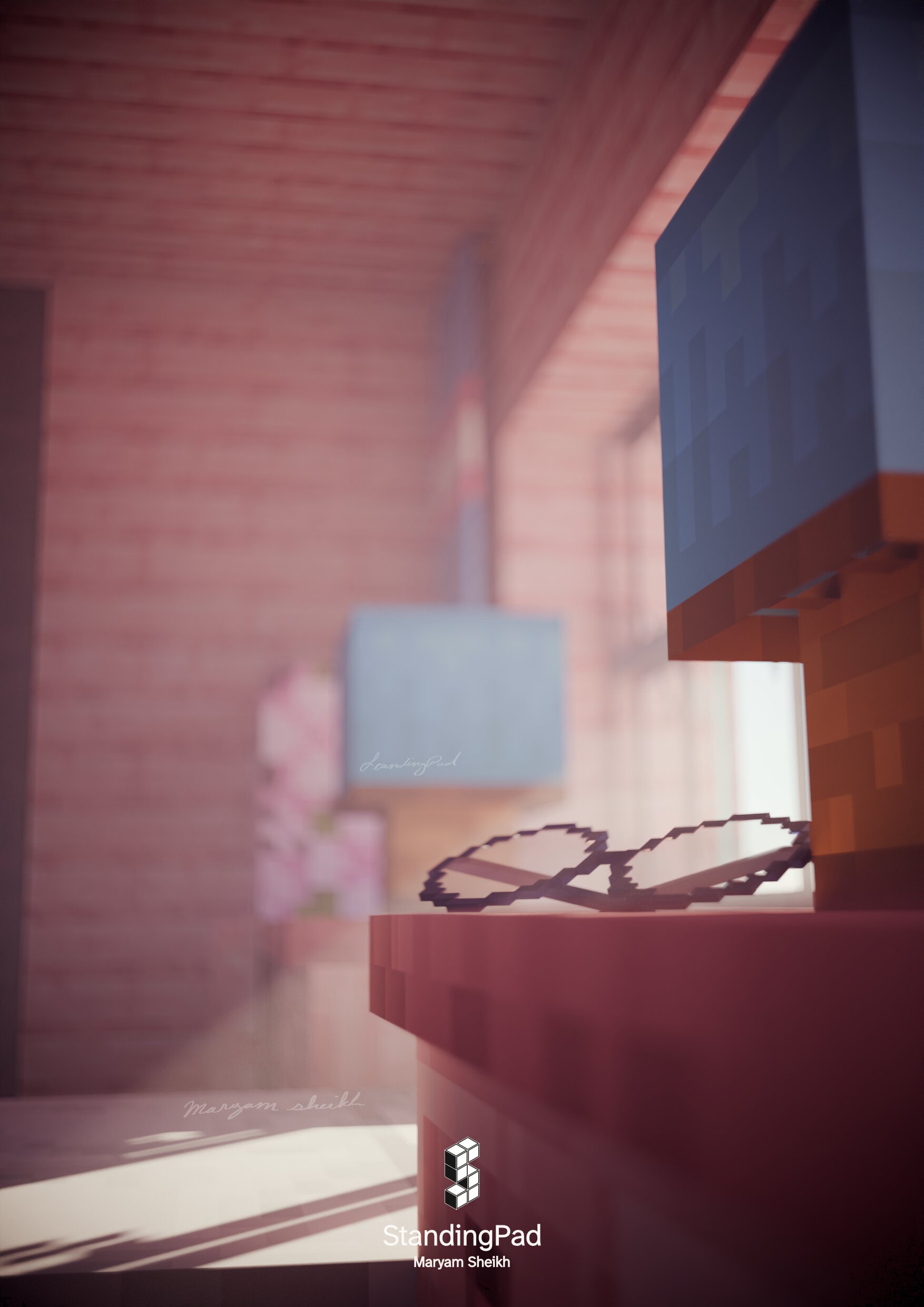 A room of mostly pink wood with a white bed, some light blue lamps, a trans flag in the background, and glasses right in front of the camera. It's morning, as indicated by the sunlight going through the window