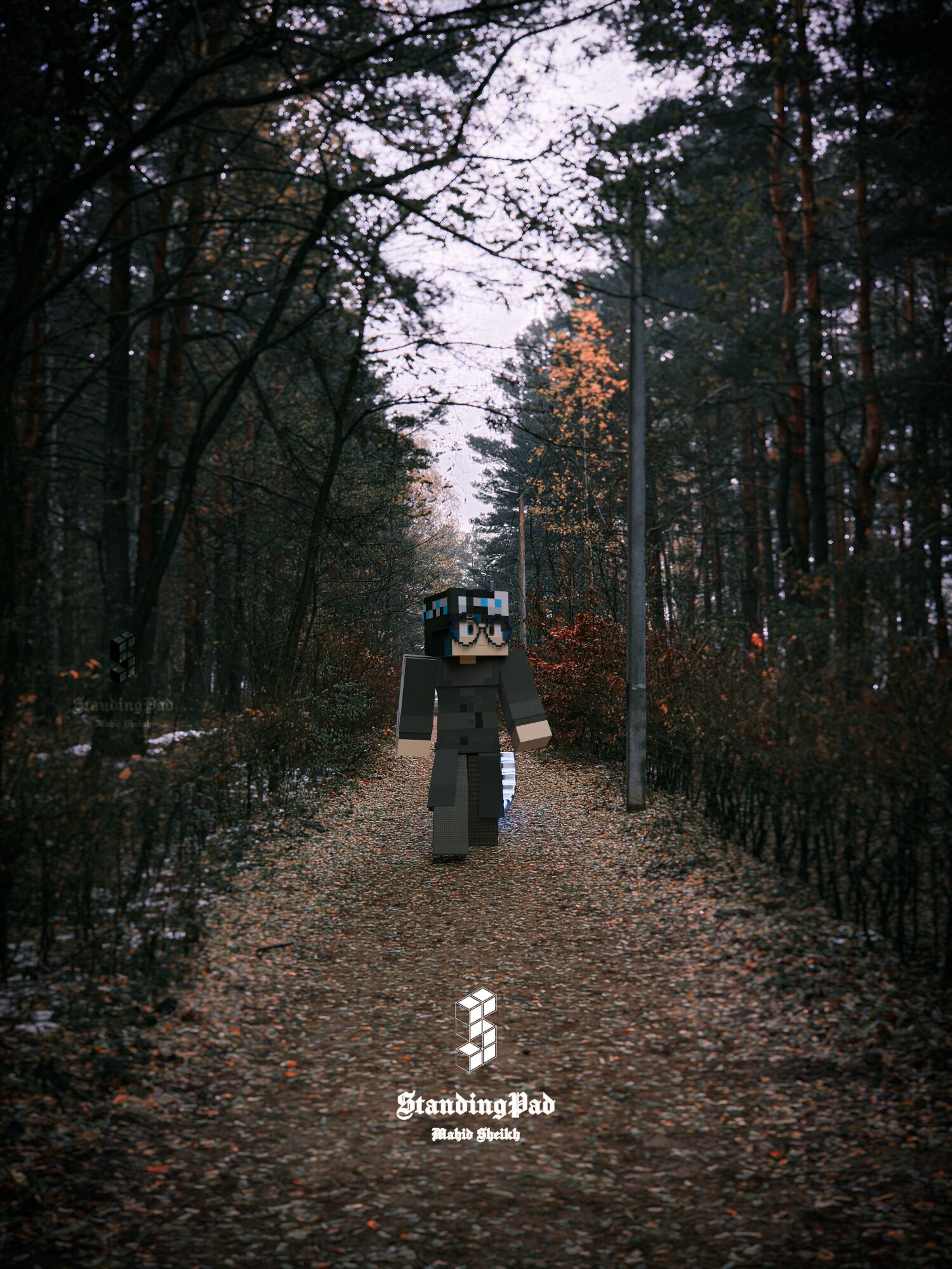 Render in a voxel style of a woman in a trenchcoat walking through a forest during the fall. The forest itself is an image from the real world while the woman is in a voxel style.