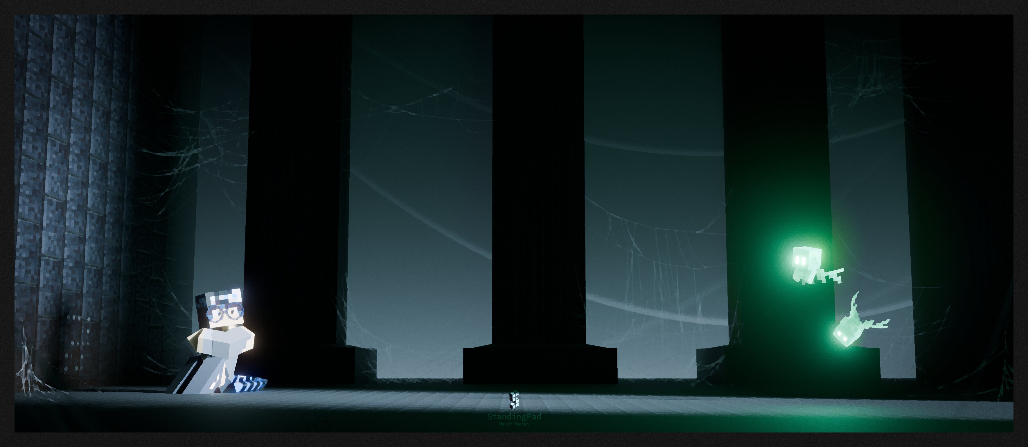 Render in the voxel style of a dark hallway with 2 green angels on the right, a person curled up on the left. The hall is littered with cobwebs.