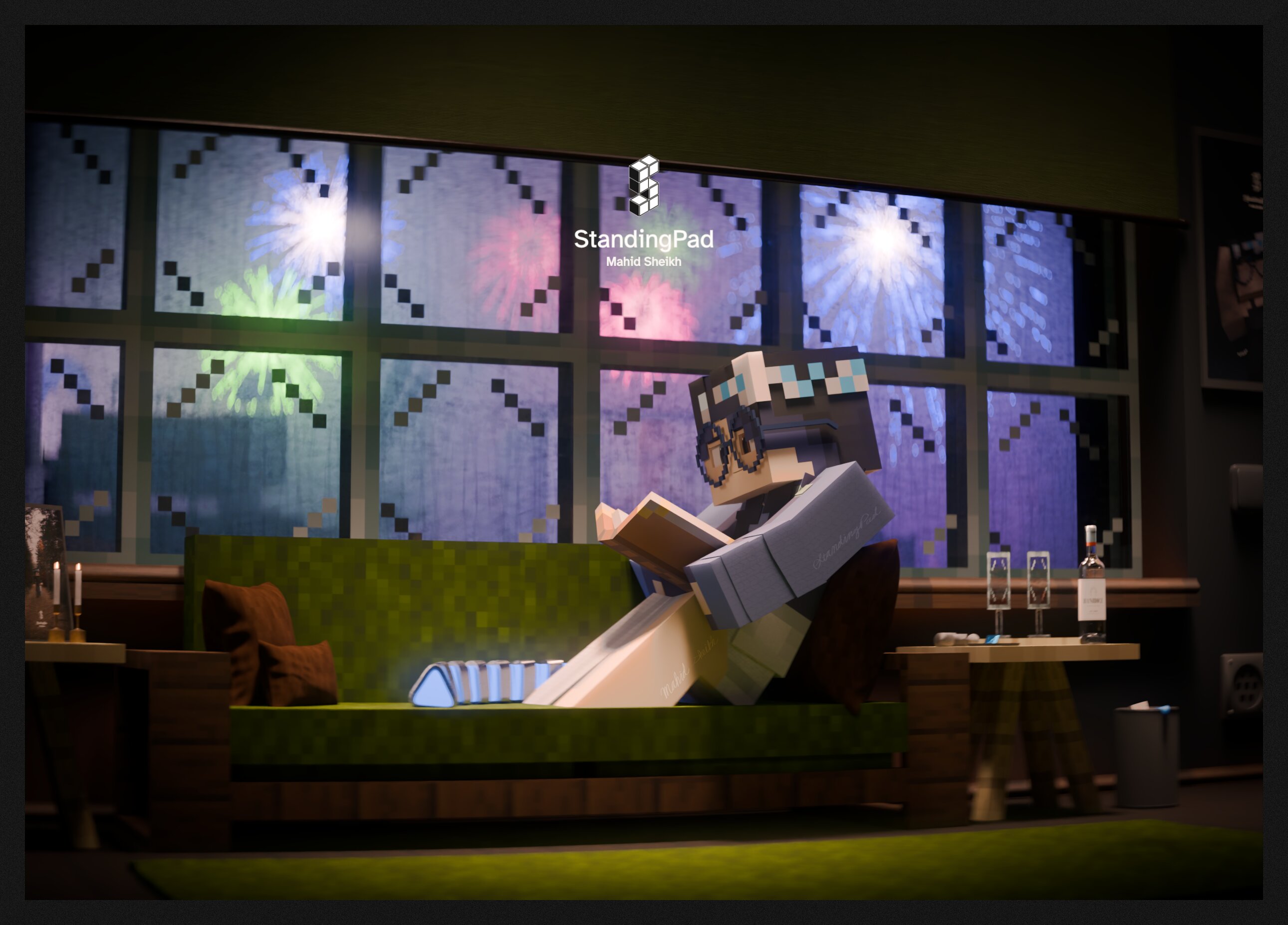 Render in the voxel style of a woman sitting on a green couch reading a book. She is wearing a blue sweater and a white skirt. In the window are a bunch of fireworks.