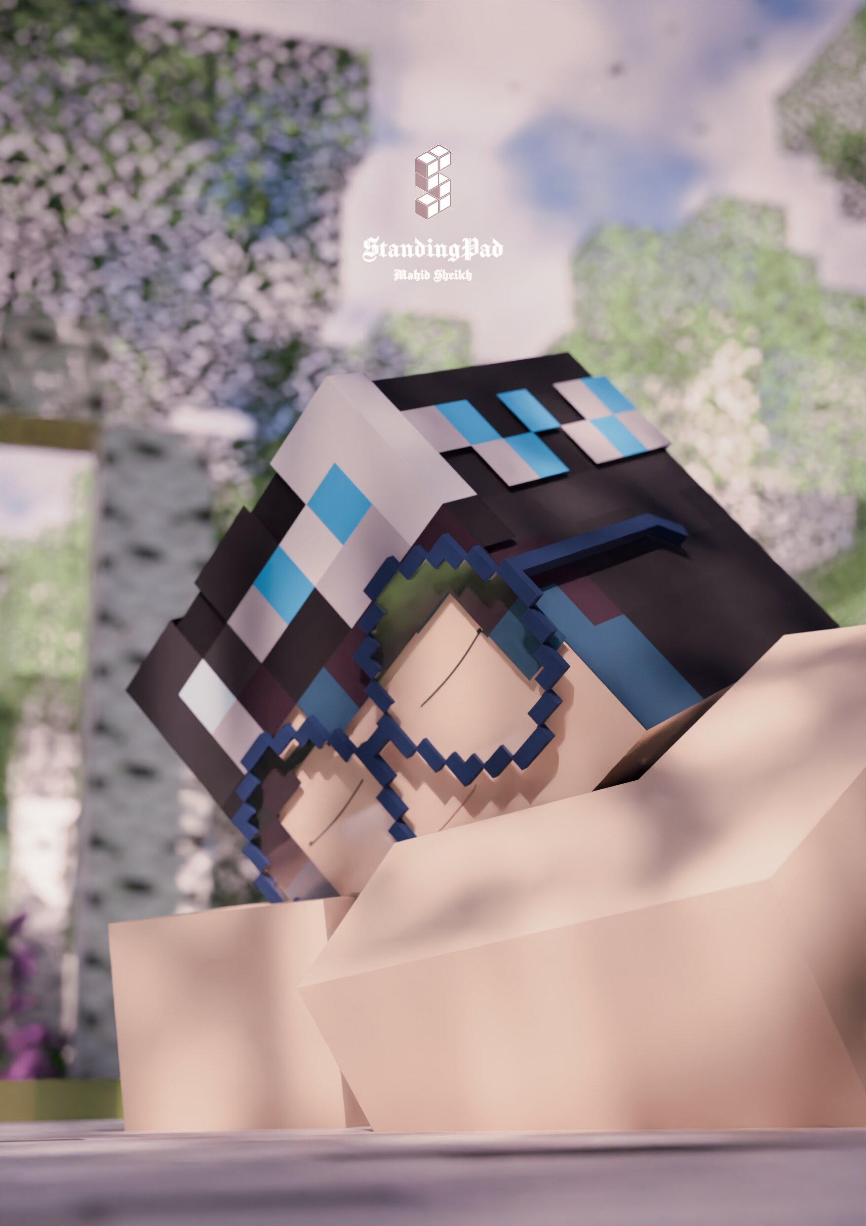 Render in a voxel style of a girl sleeping serenely in a forest on a log.